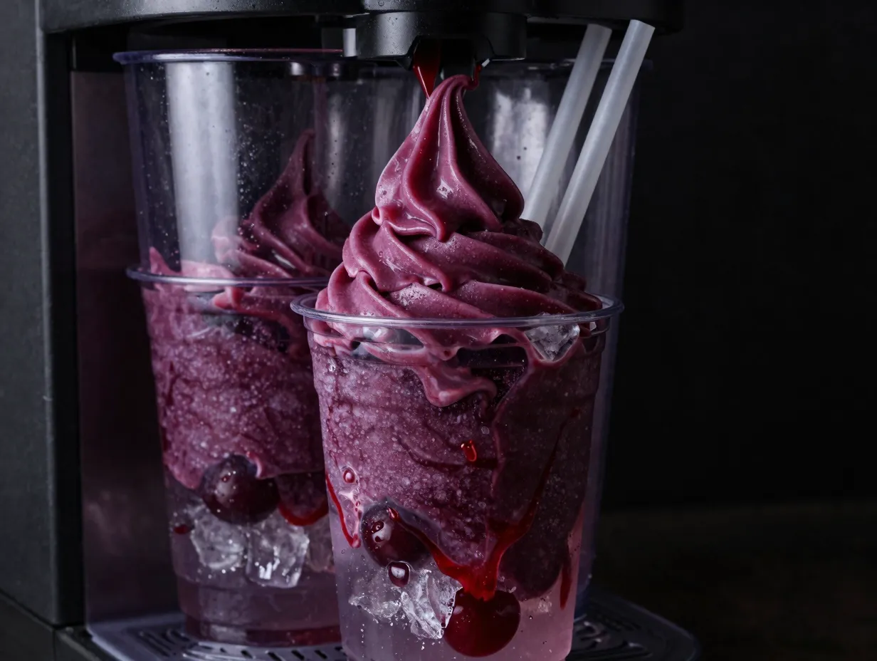 Grape and cherry slushie swirl in dual chamber machine cup