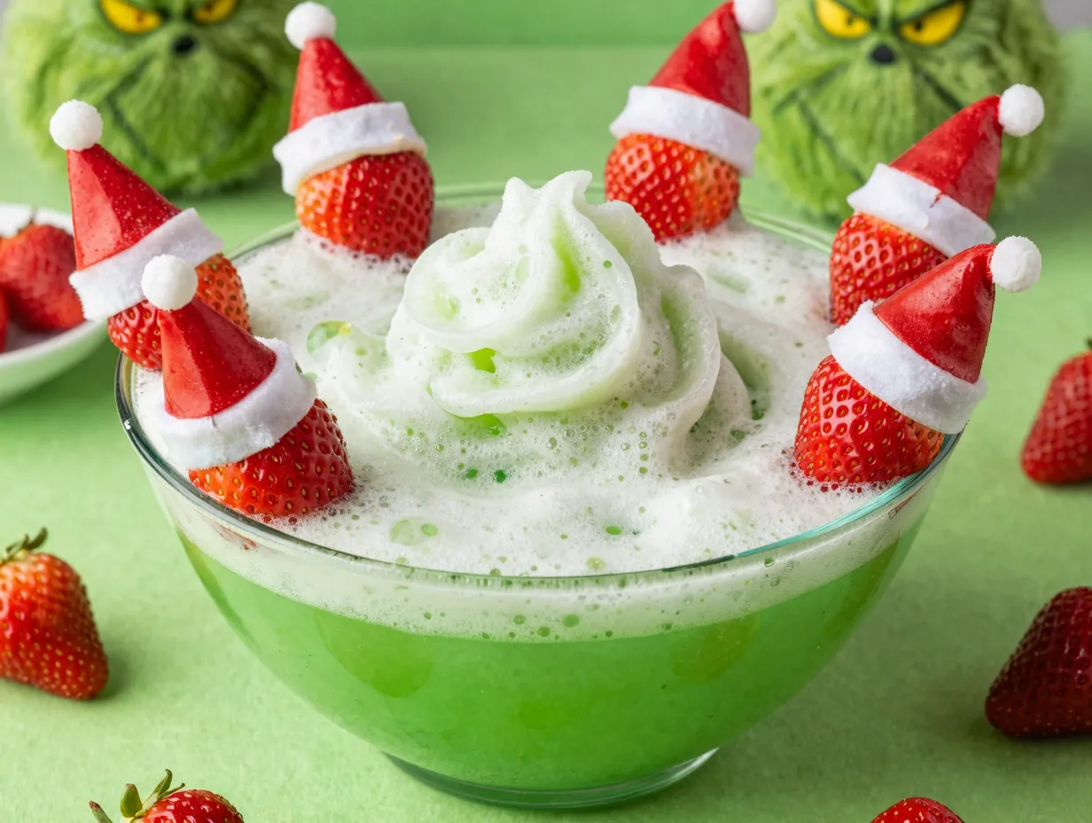 Grinch punch bowl green sherbet foam strawberry santa hats