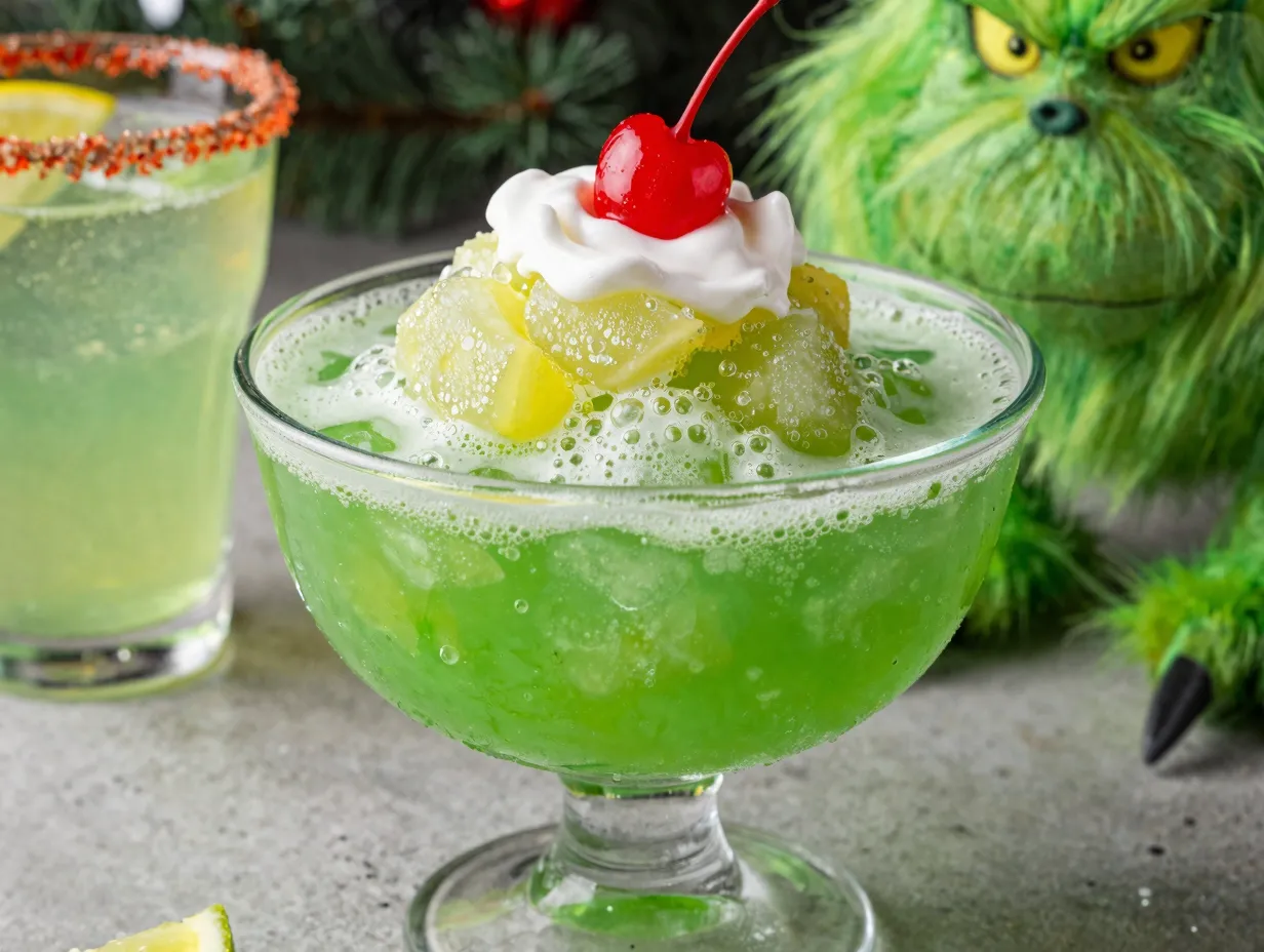 Grinch punch bright green with lime sherbet and maraschino cherry