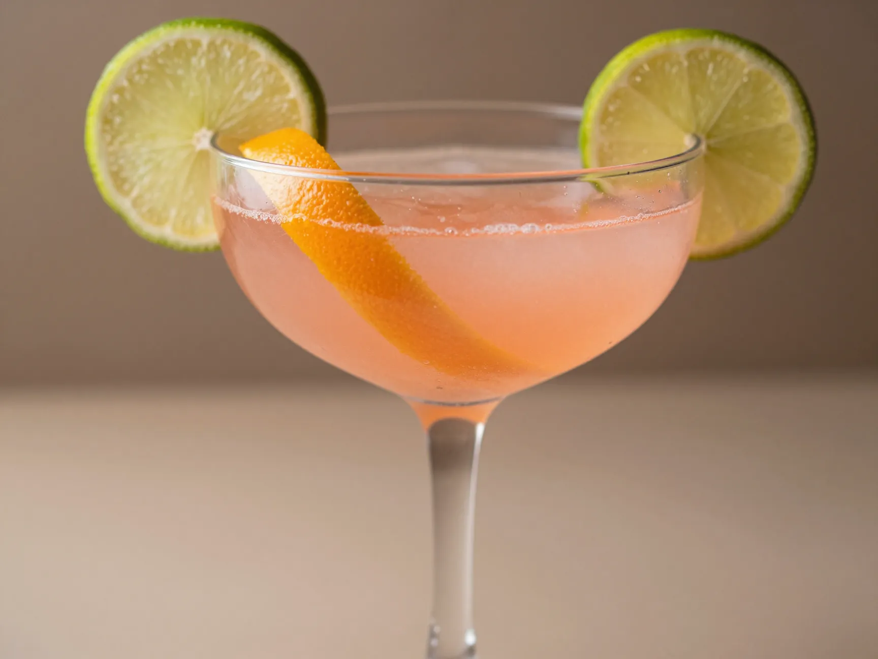 Pink cosmopolitan in chilled cocktail glass