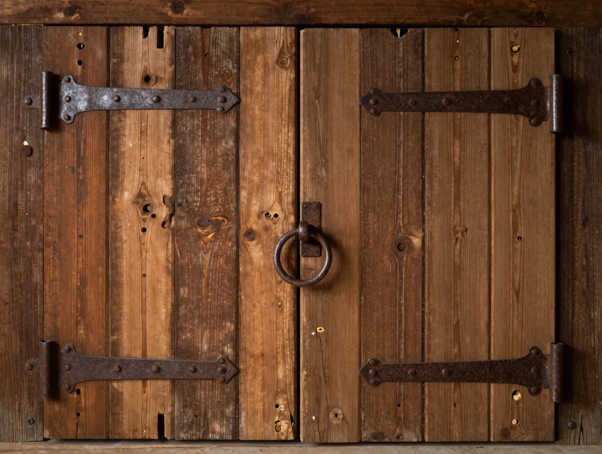 Reclaimed timber cellar door with iron strap hinges in a rustic wine cellar
