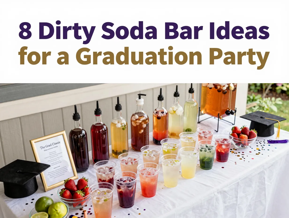 Clear cups layered sodas syrup bottles fresh garnishes recipe card graduation confetti