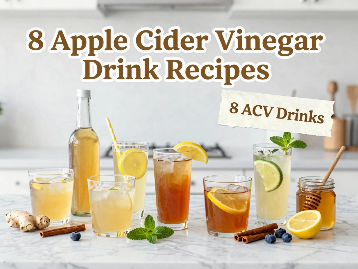 Eight colorful apple cider vinegar healthy drinks flat lay