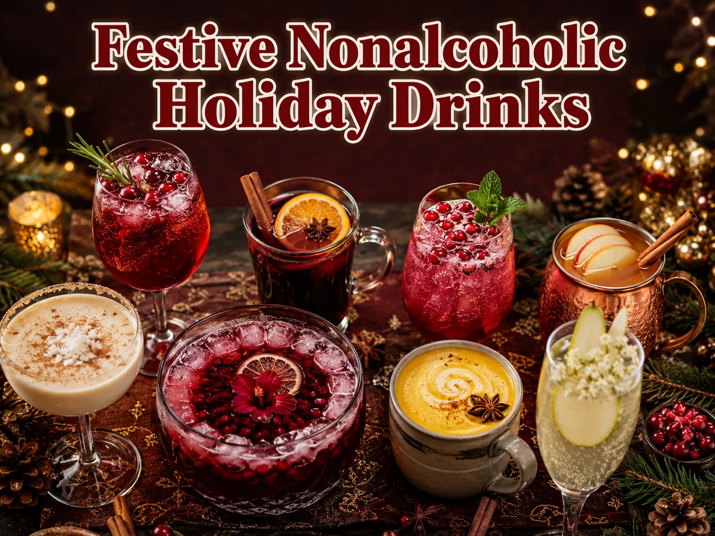 Eight festive mocktails on dark table flat lay arrangement