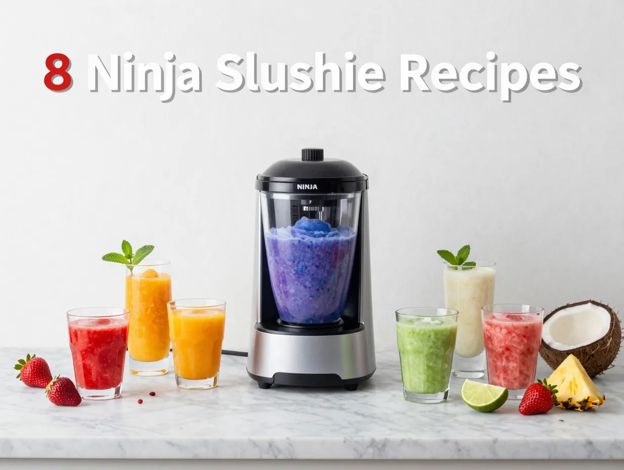 Eight ninja slushie machine drinks on marble countertop recipe guide photo