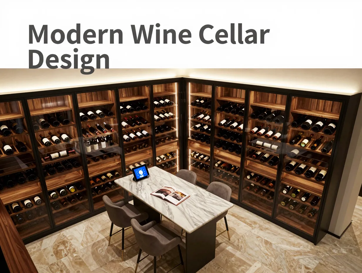 Frameless glass wine cellar modern tasting area wood metal contrast