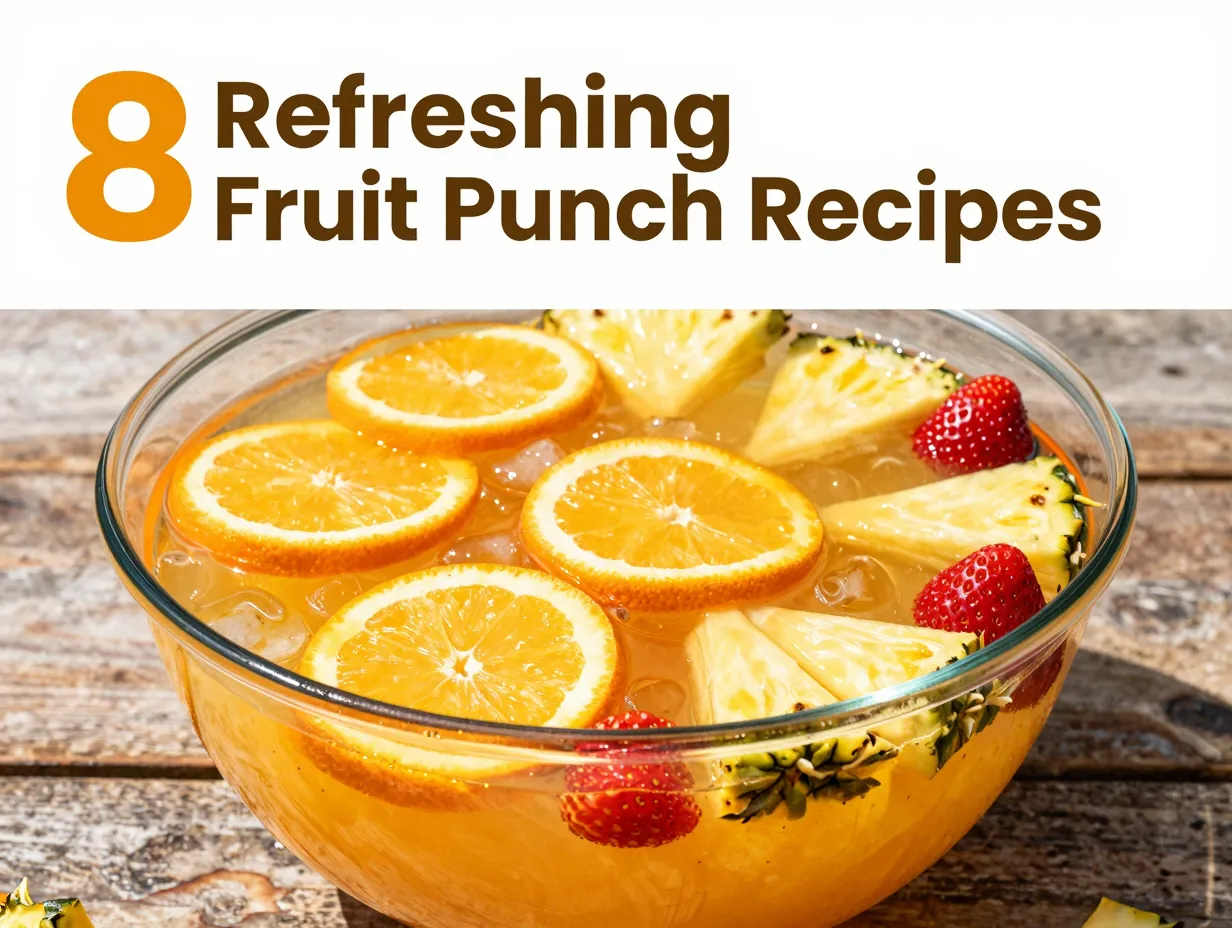 Golden tropical fruit punch bowl overhead fresh garnishes
