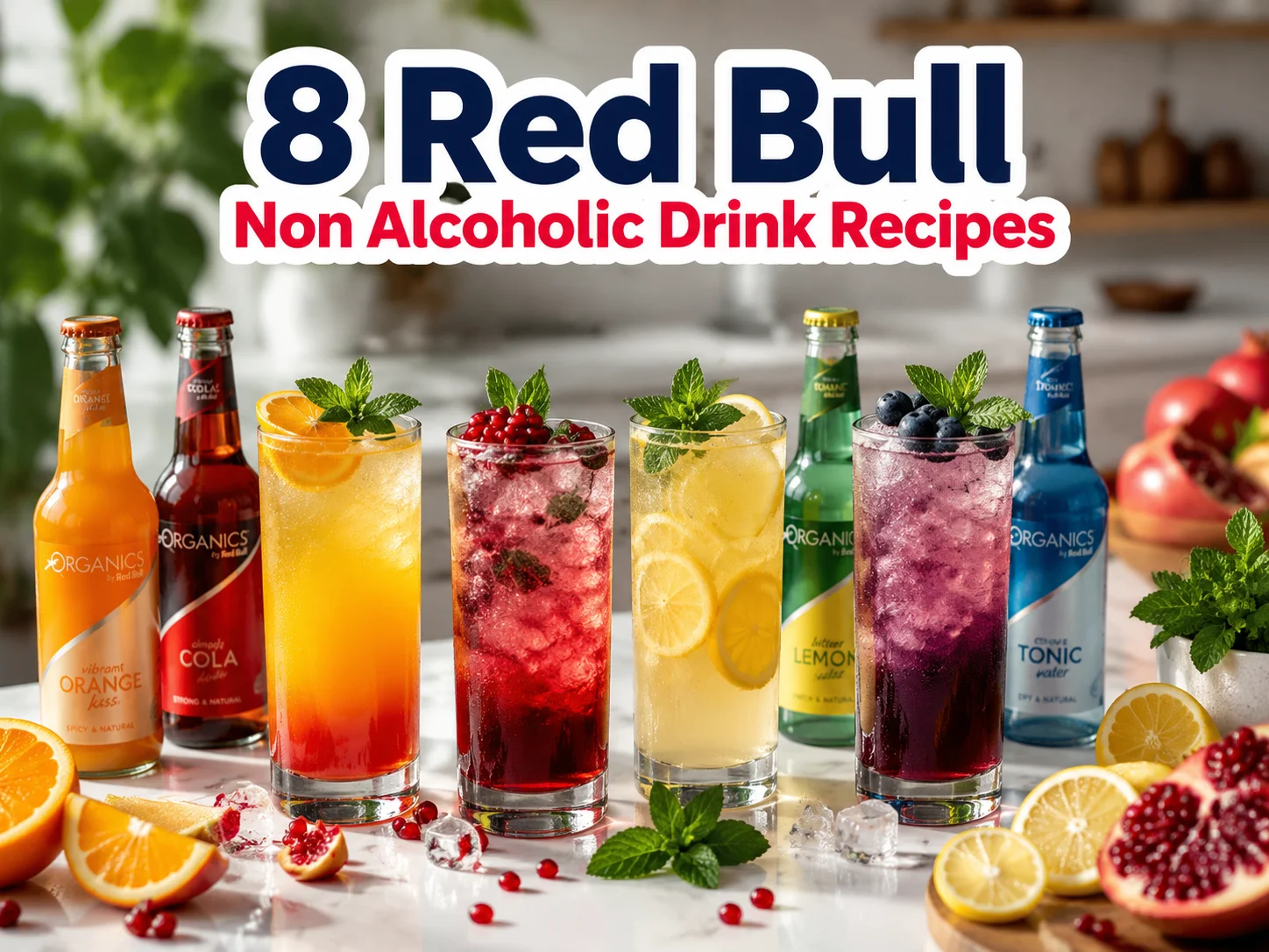 Overhead bright mocktail spread fresh ingredients red bull organics marble