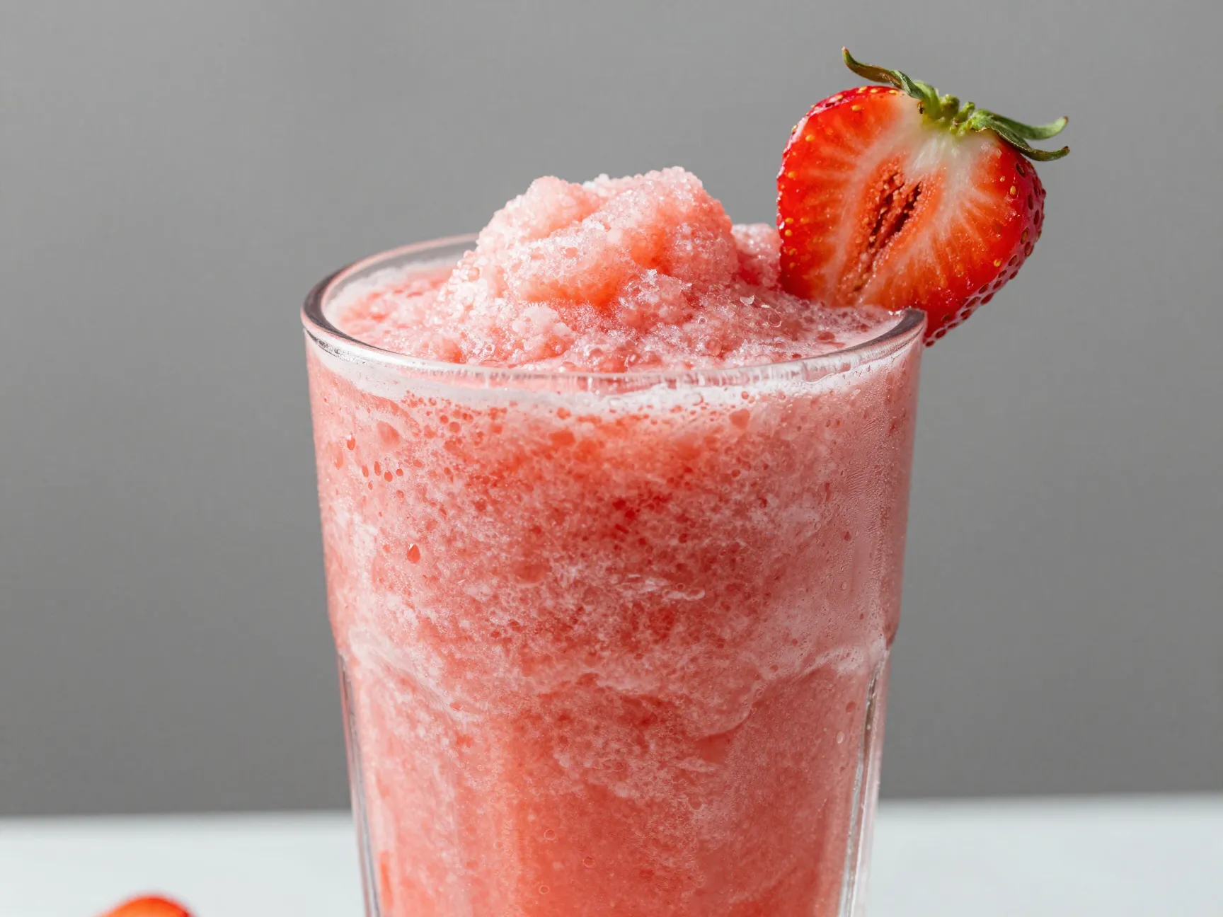 Classic strawberry slushie in a chilled glass with a fresh strawberry garnish