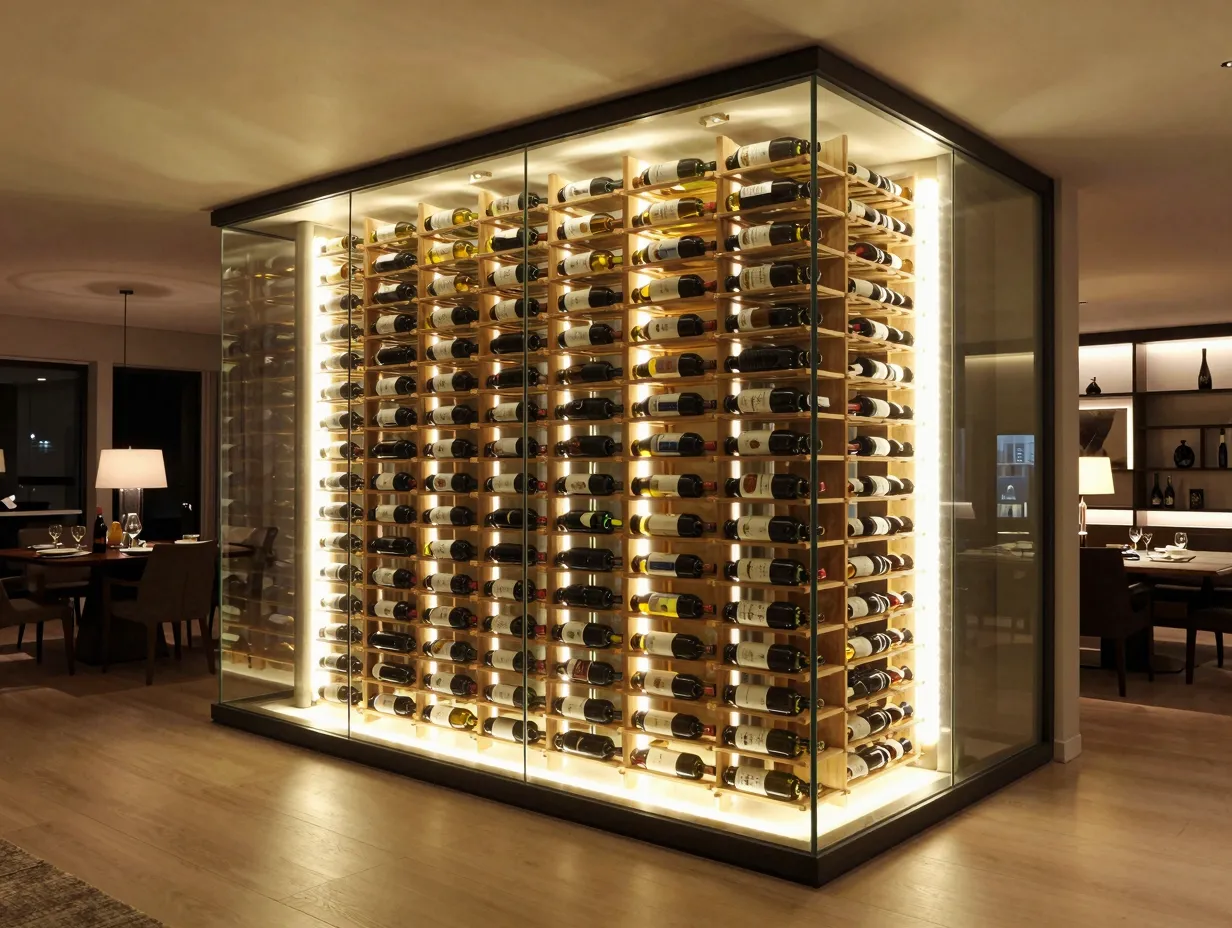 Frameless glass wine cellar wall glowing in dining room living art