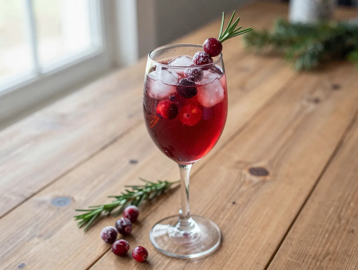 Holiday cranberry sparkler garnished with rosemary sugared cranberries