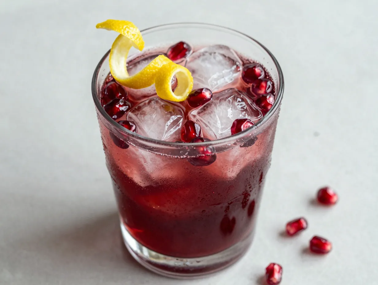 Pom tonic highball glass with ice pomegranate seeds lemon zest