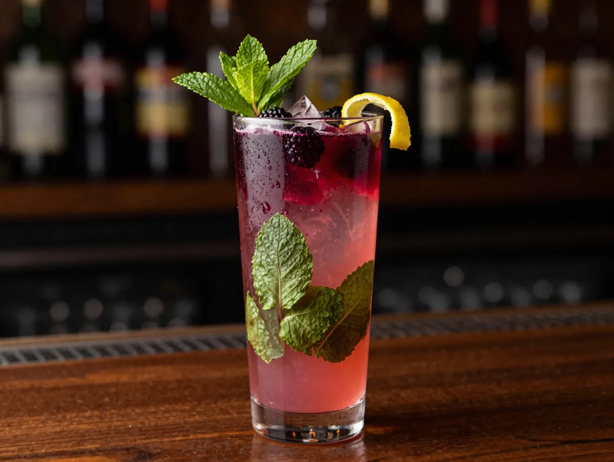 Blackberry breeze highball glass muddled mint lemon zest garnish