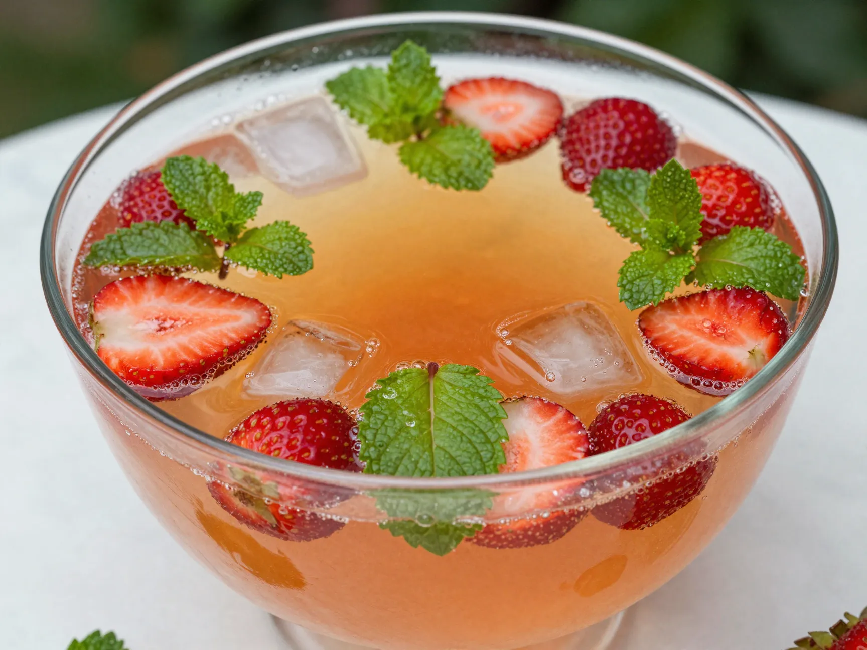 Mixed fruit punch with strawberries exotic juice and mint garnish