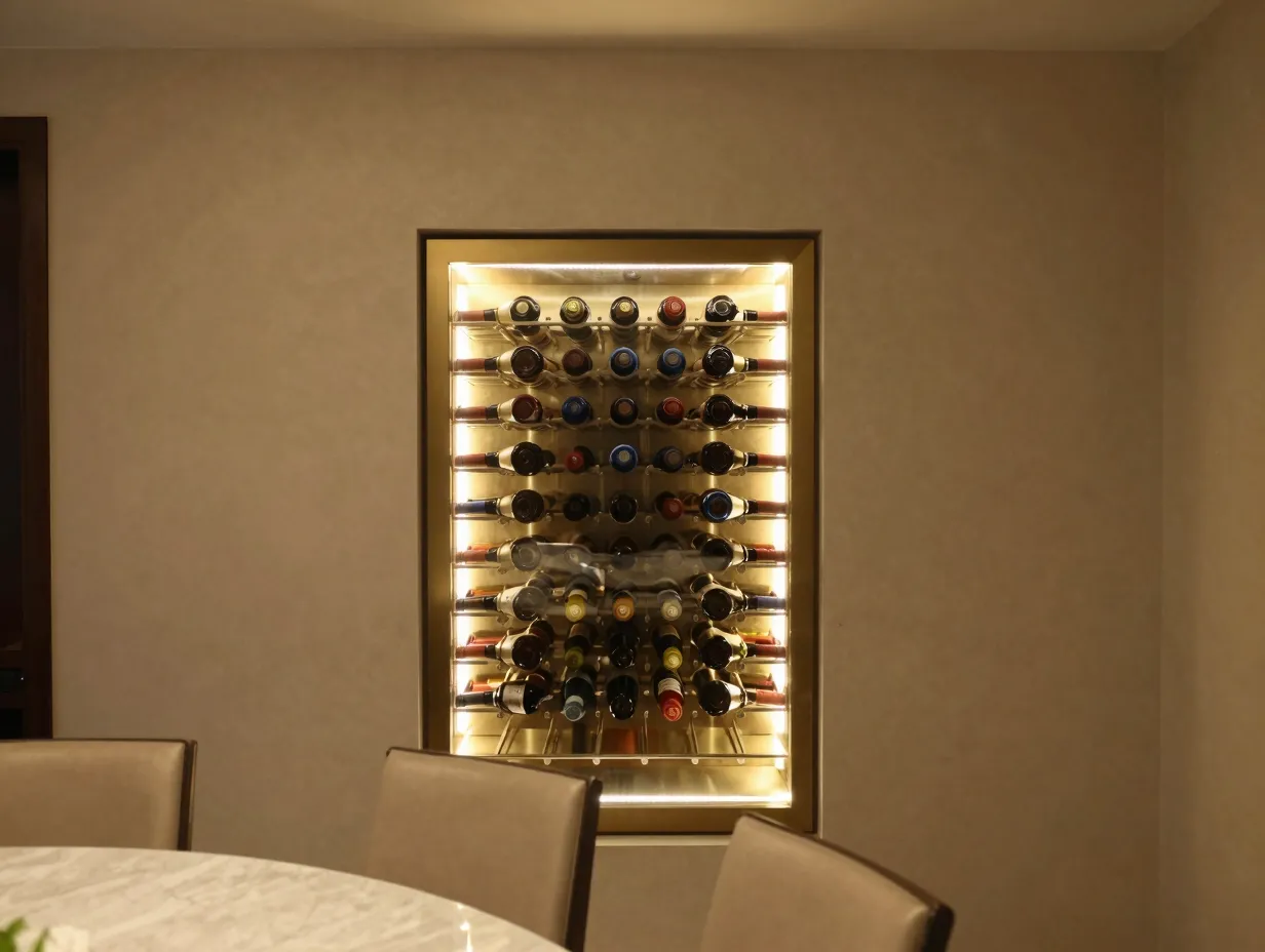 Recessed dining room wall wine cellar with illuminated bottle display
