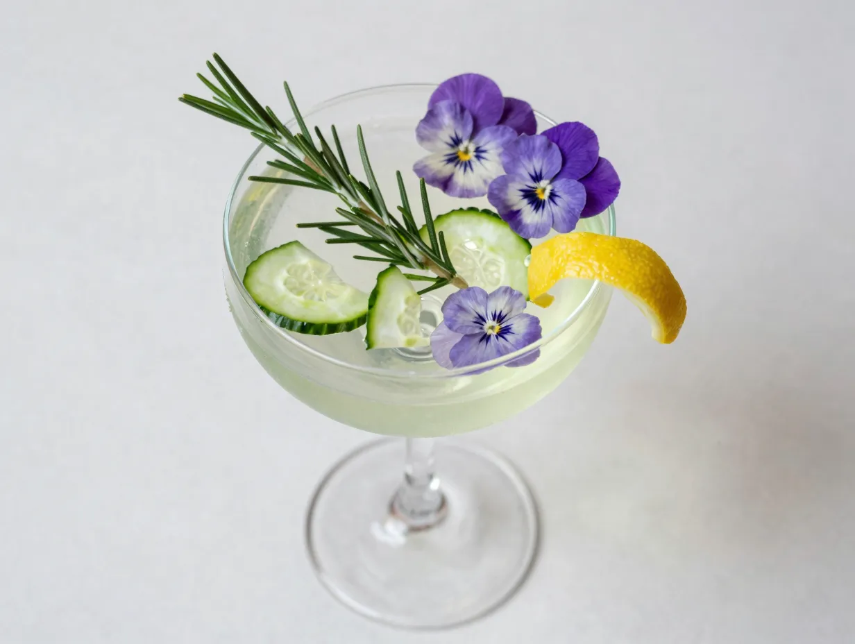 Wide coupe glass filled lavender elderflower cucumber botanical garnish