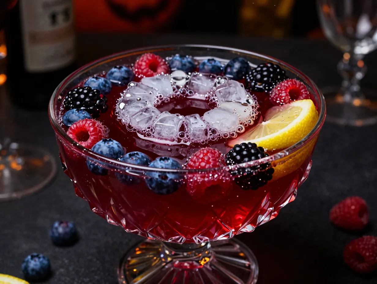 Berry blast punch with dark red juice berries and ice ring