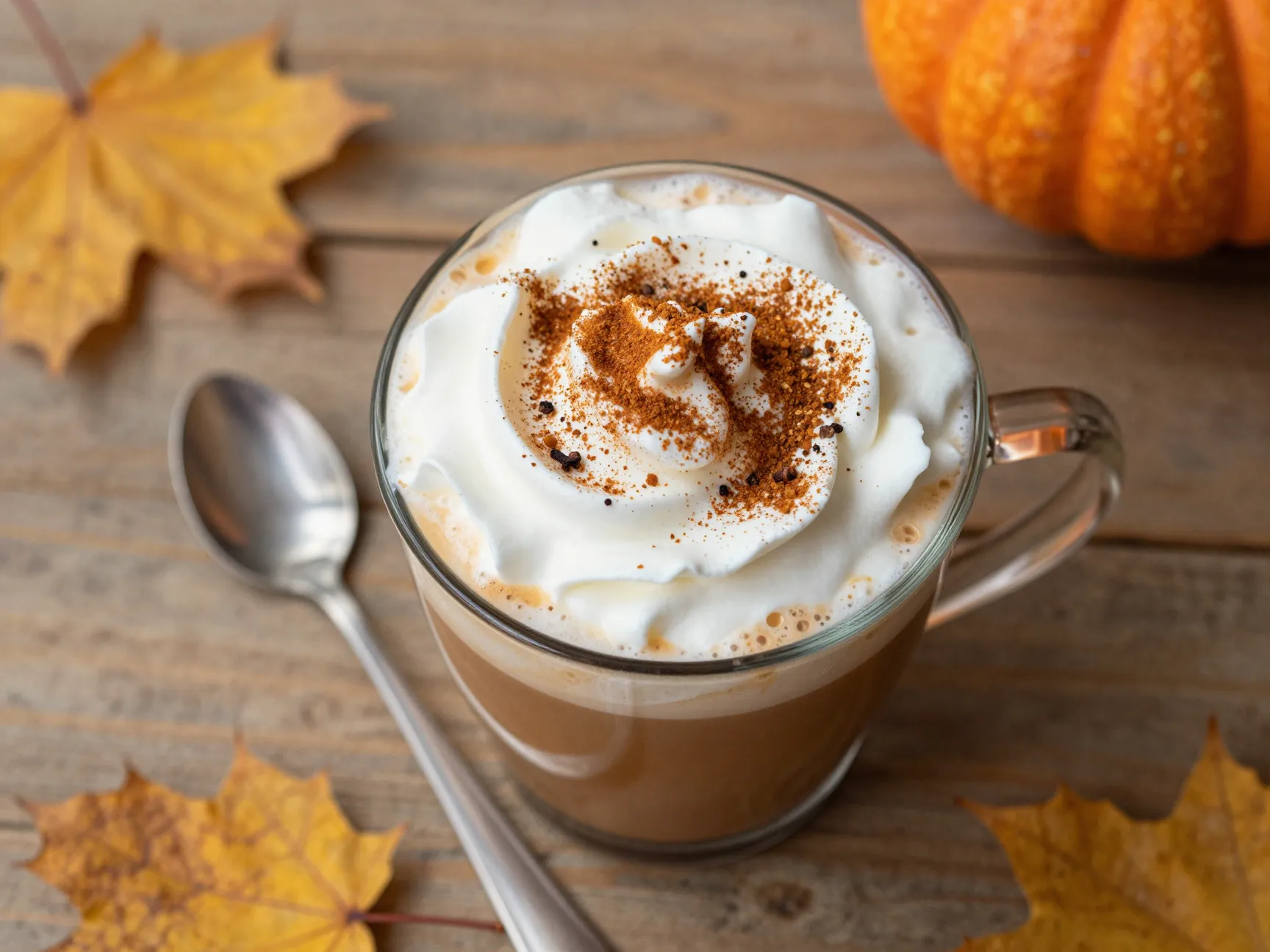 Pumpkin spice latte with whipped cream and spices