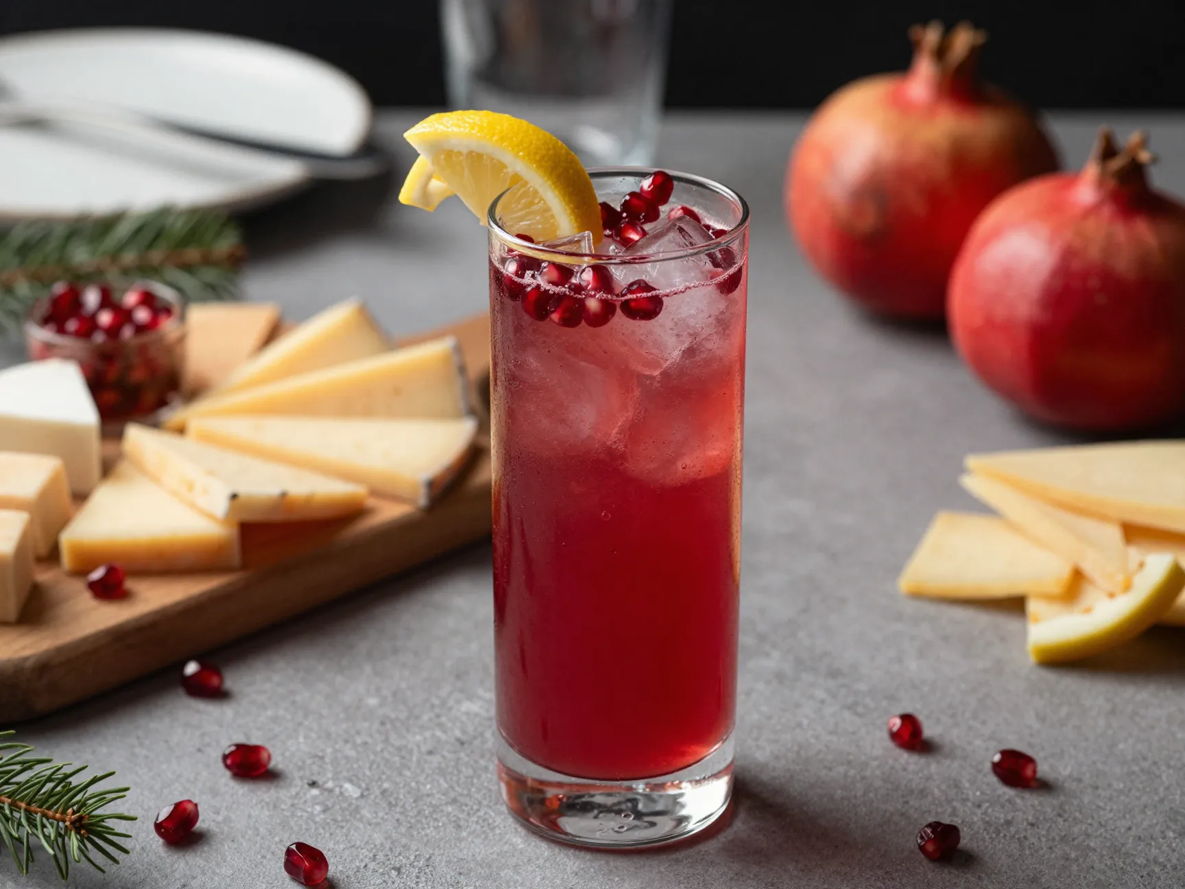 Ruby pomegranate rose spritzer garnished with lemon pomegranate arils