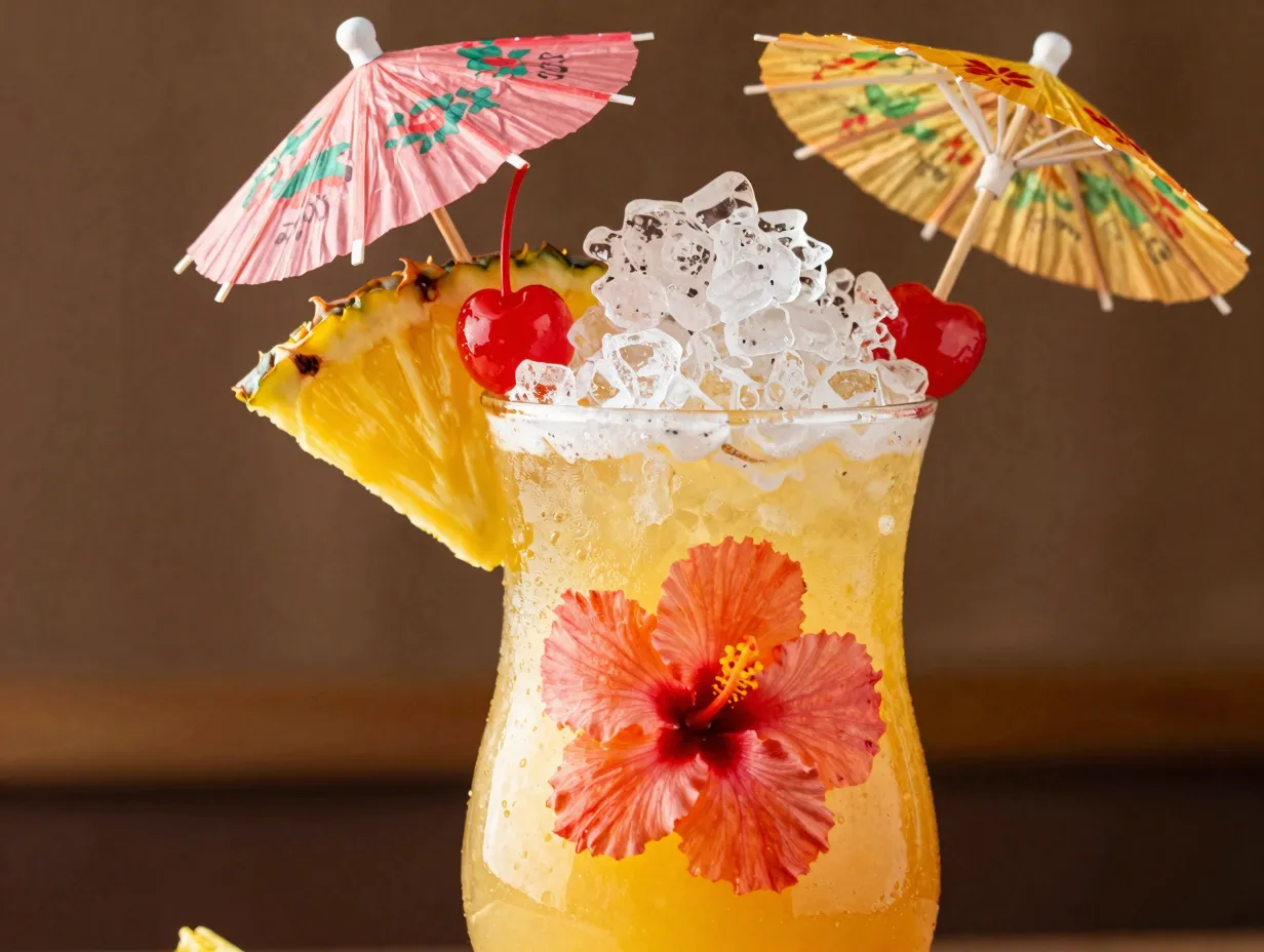 Tropical hurricane mug piled crushed ice pineapple cherry umbrella