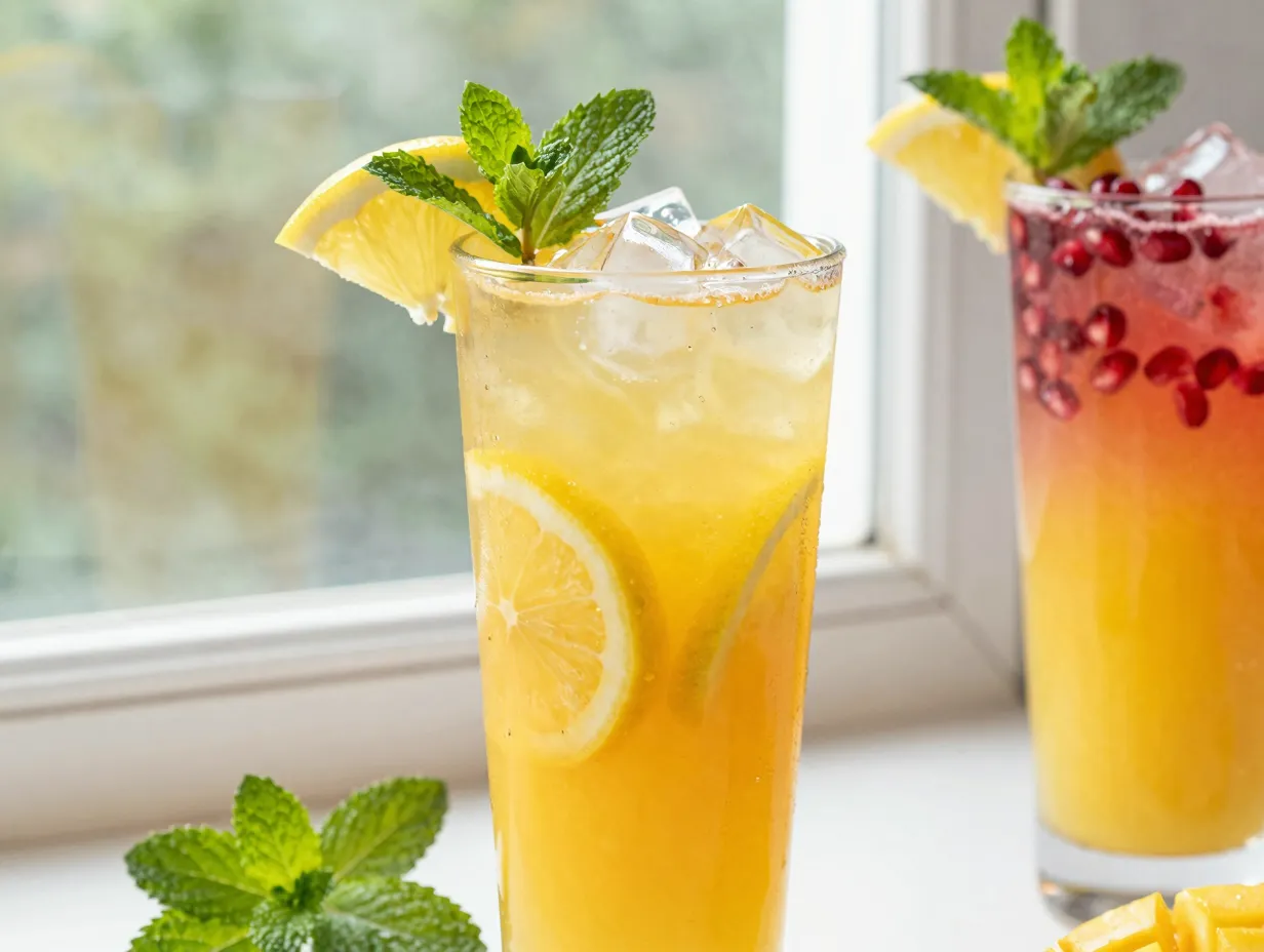 Tropical lemonade highball glass mango pomegranate juice mint garnish