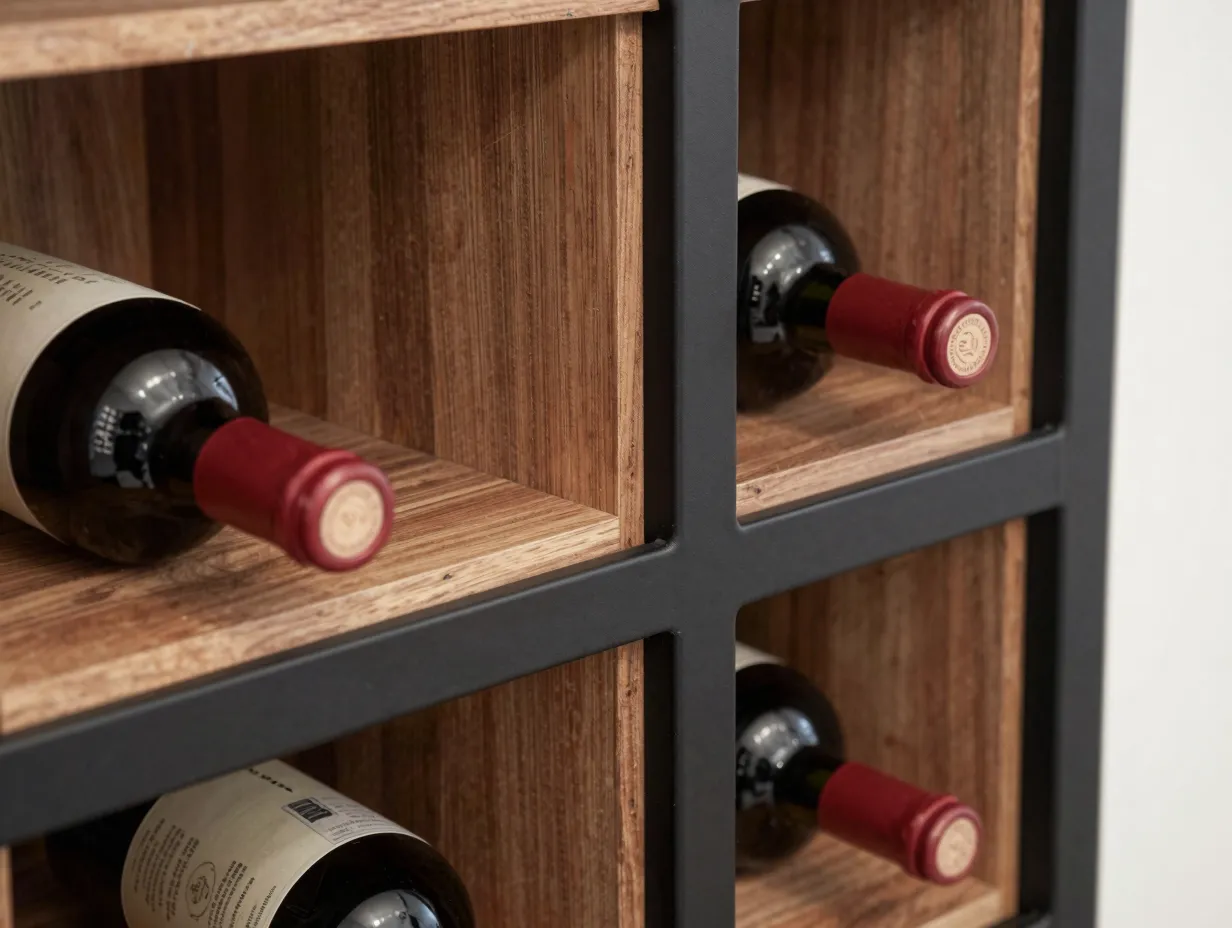 Walnut wood racking with matte black metal frames in modern cellar