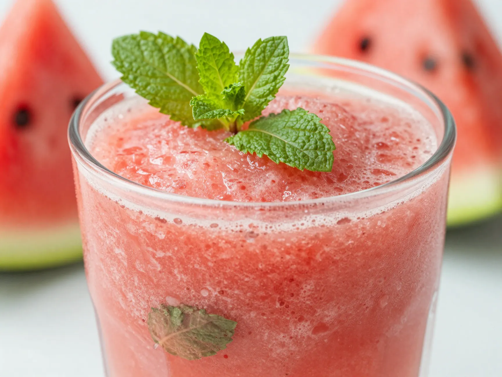 Watermelon coconut slush with a fresh mint sprig garnish