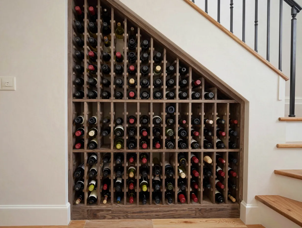 Compact under stair alcove wine cellar fully stocked with bottles