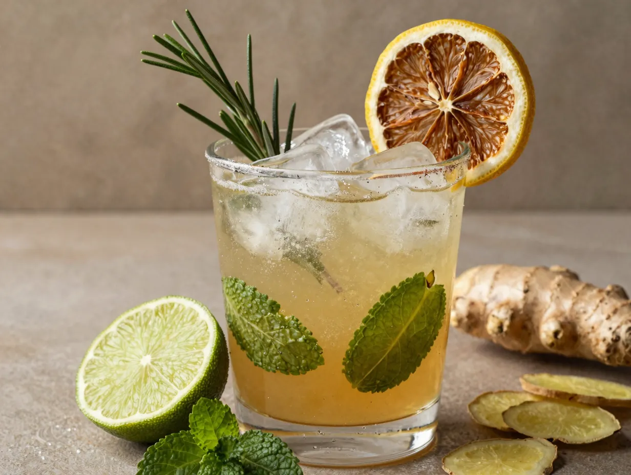 Ginger smash glass muddled lime mint rosemary dehydrated lemon