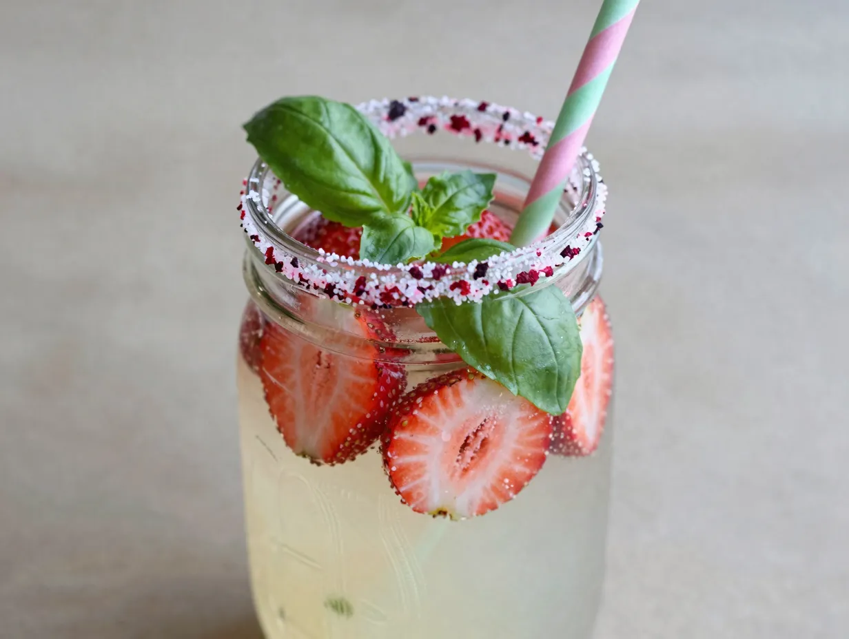 Mason jar pink strawberry lemonade basil leaf sugar rim