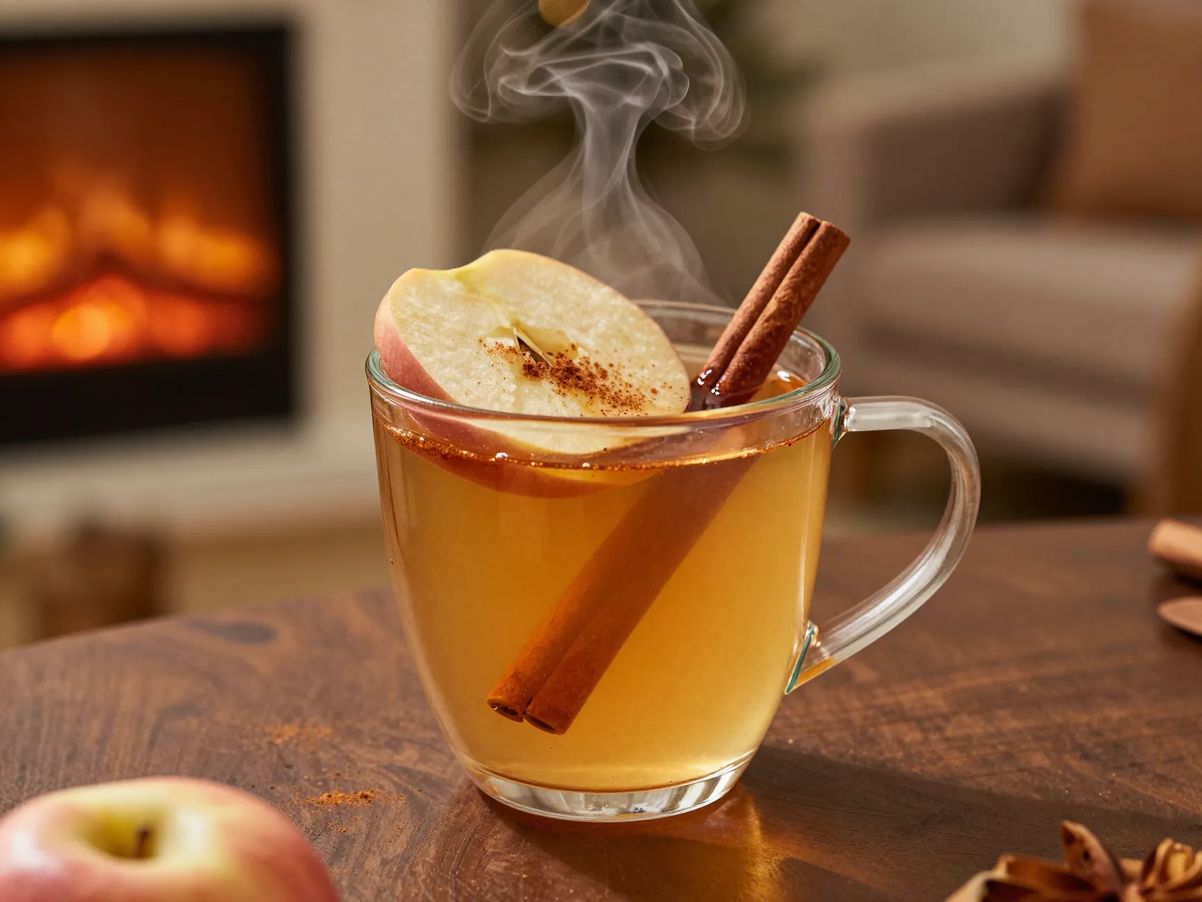 Spiced apple ginger cider in mug garnished with apple slice cinnamon
