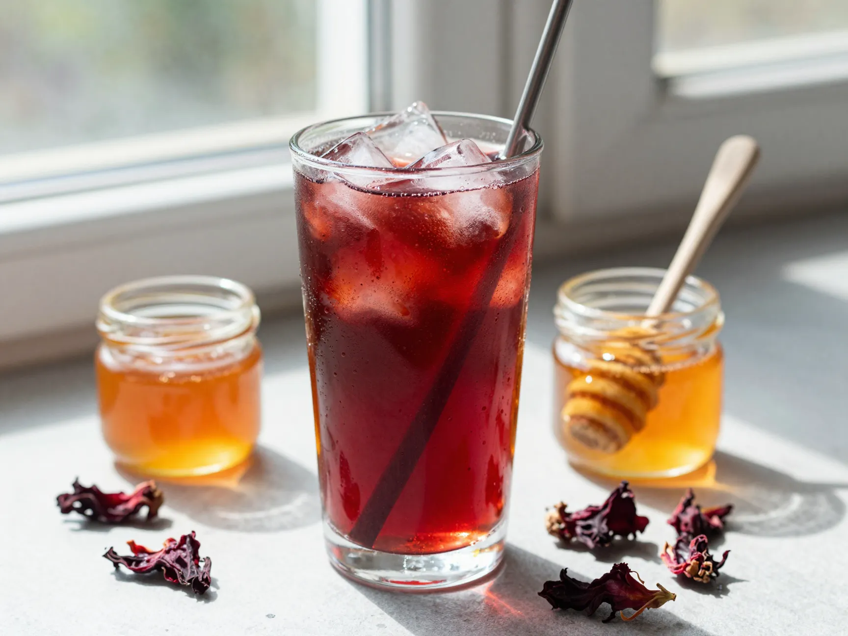 Acv iced tea hibiscus brew honey ice glass