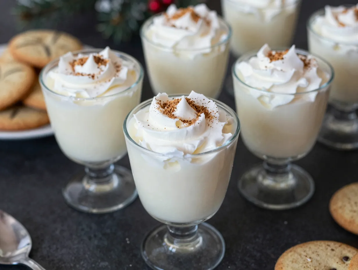 Dairy free coconut vanilla nog with whipped cream nutmeg garnish