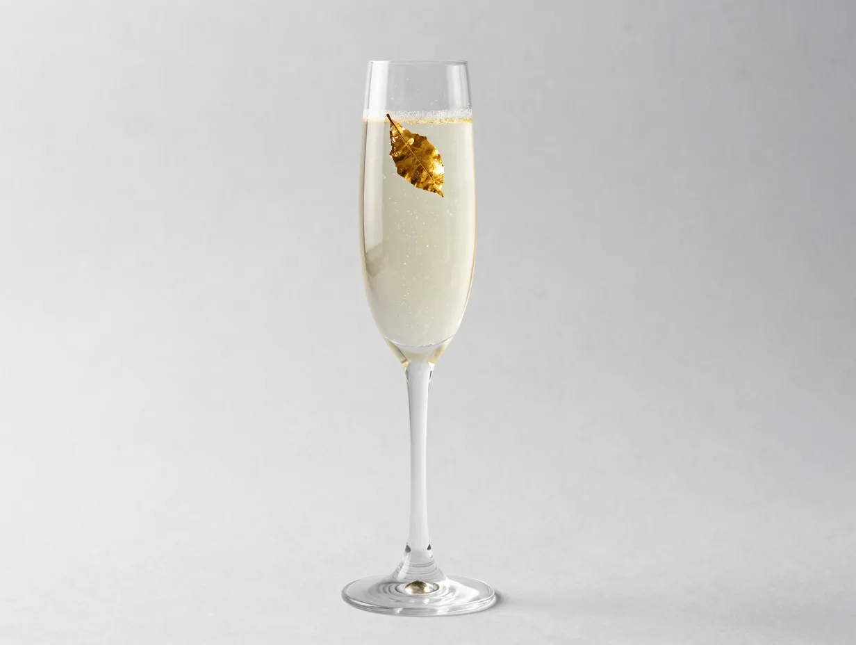 Elegant champagne flute sparkling lychee drink single gold leaf