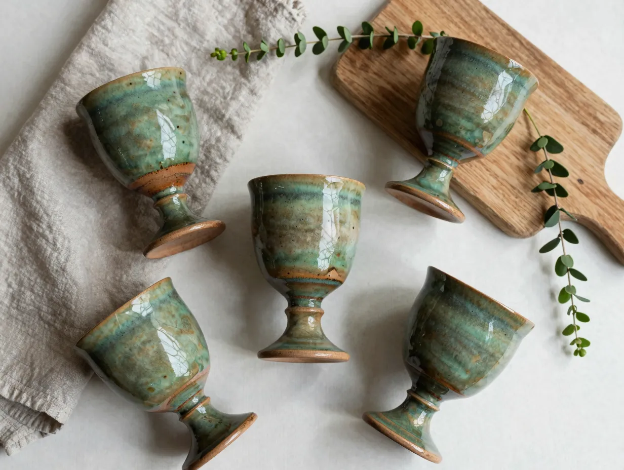 Jaded green toned ceramic goblet with earthy natural decor
