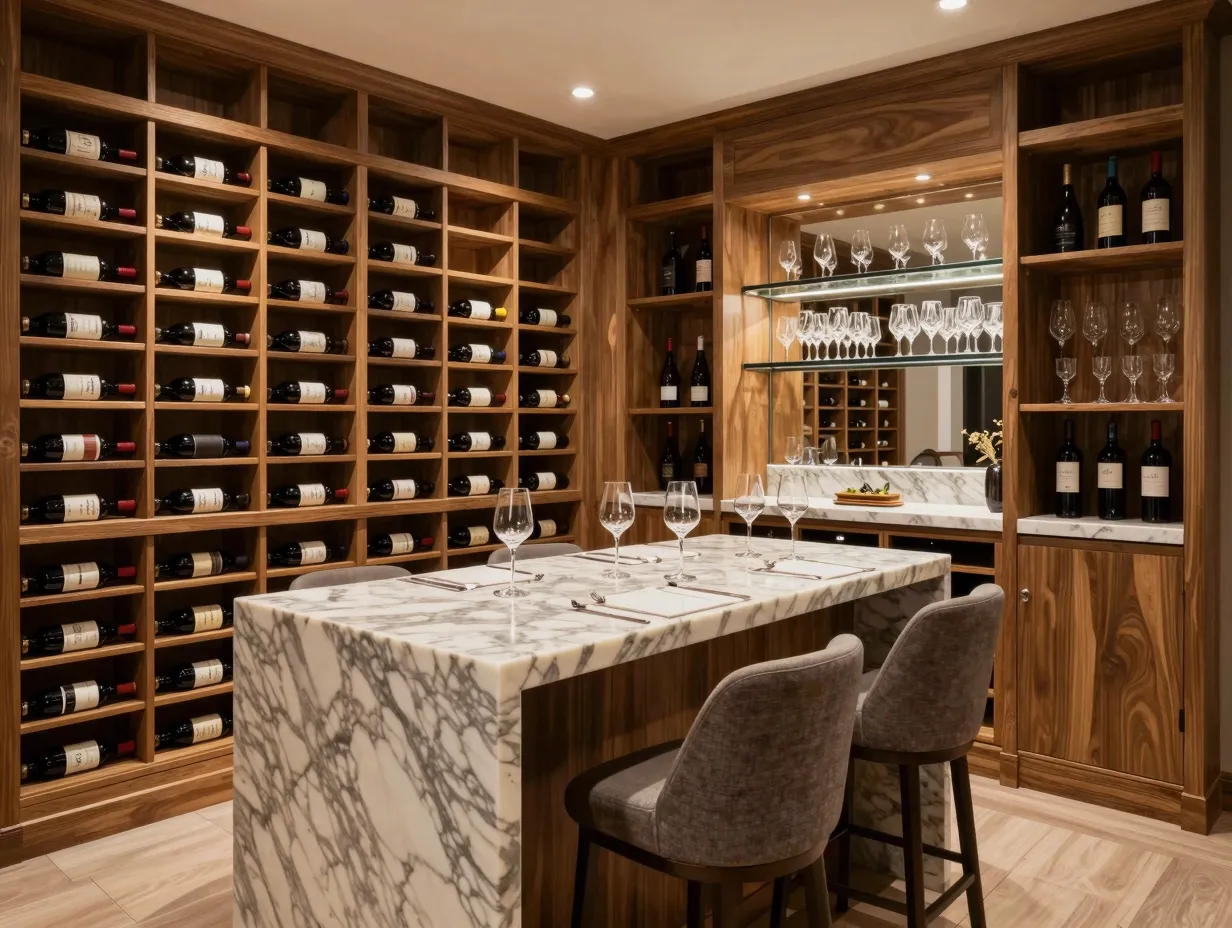 Wine cellar integrated tasting area with marble counter and stools