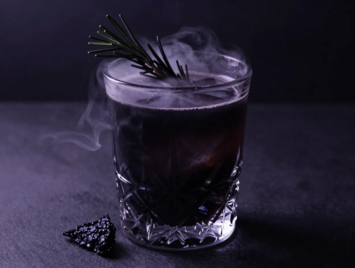 Dark crystal tumbler jewel toned charcoal drink charred rosemary