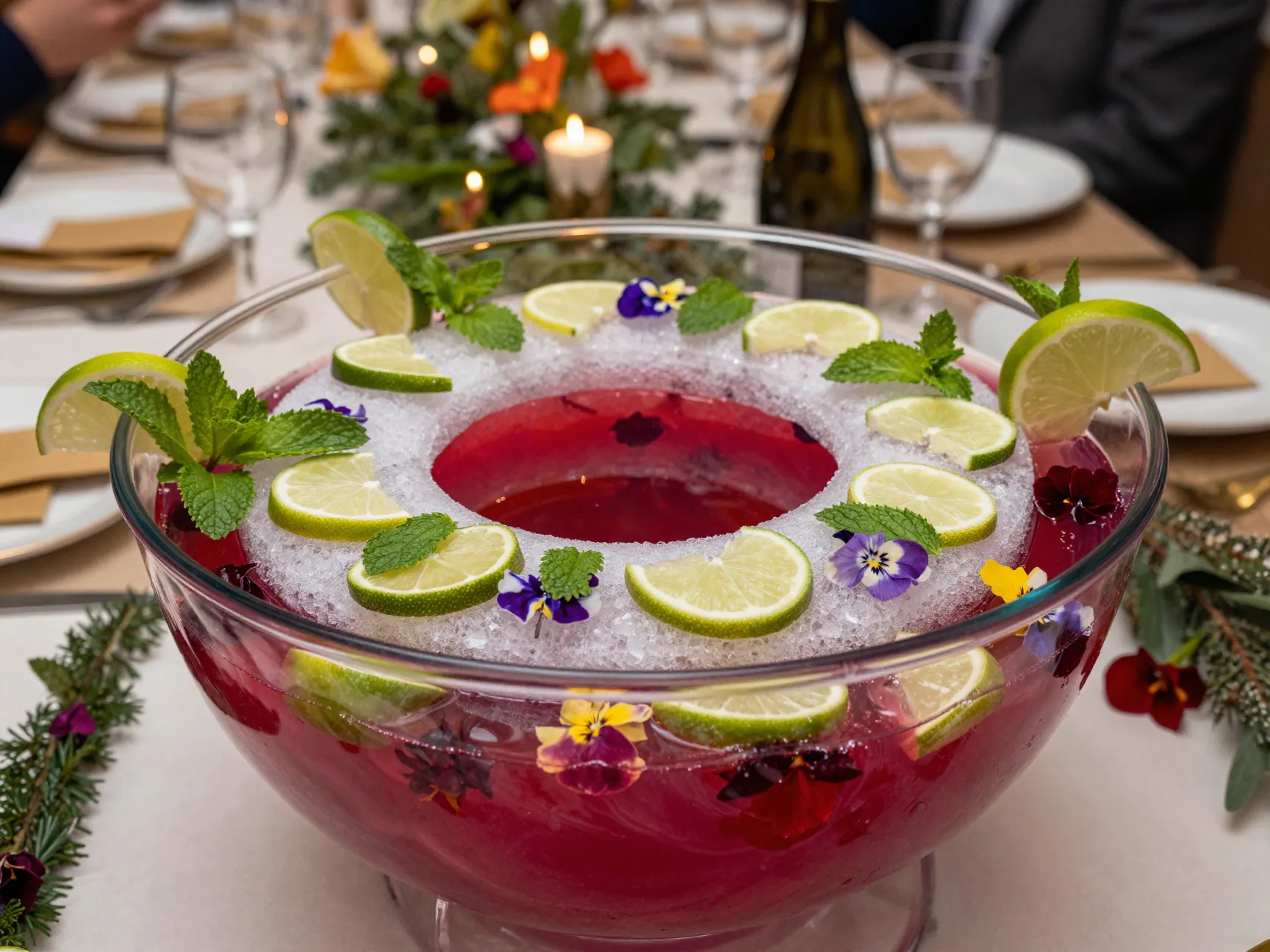 Hibiscus mint punch bowl with decorative ice ring lime garnishes