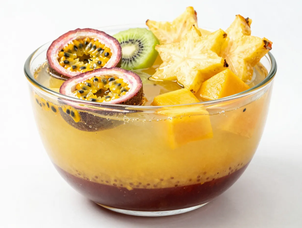 Layered fruit punch with passion fruit guava pineapple in bowl