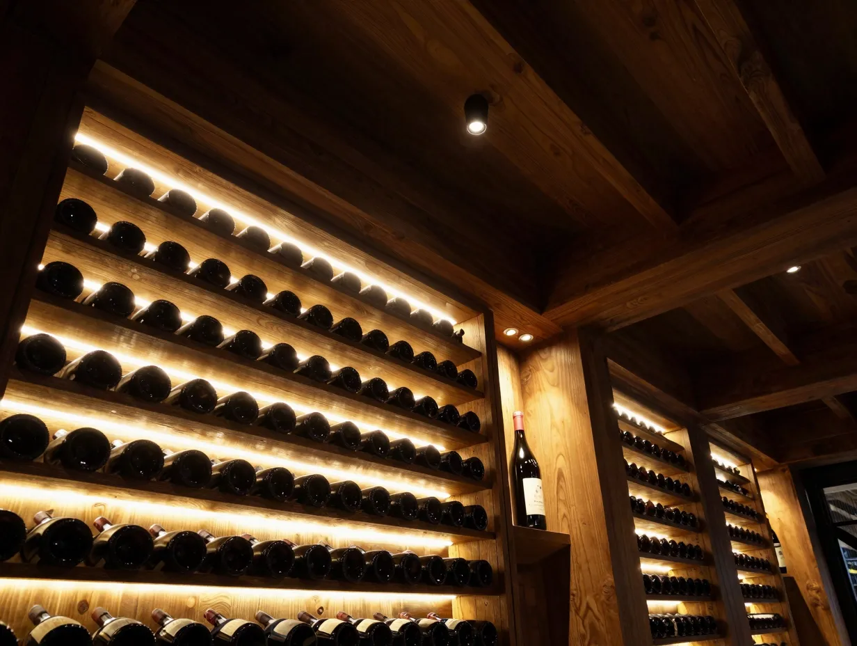 Layered led lighting in wine cellar backlit bottles and recessed lights