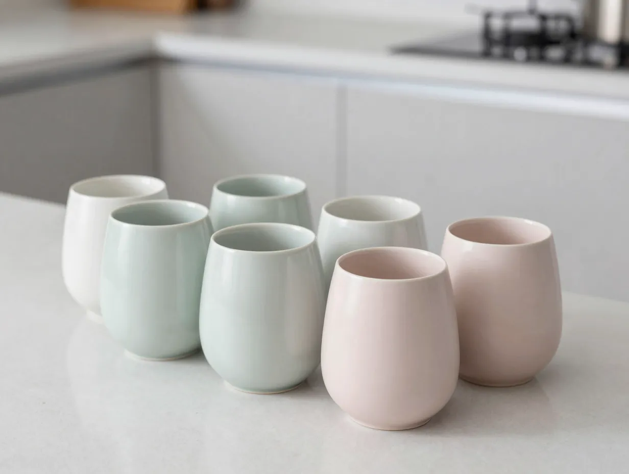 Porcelain stemless wine glass in satin glaze dishwasher safe