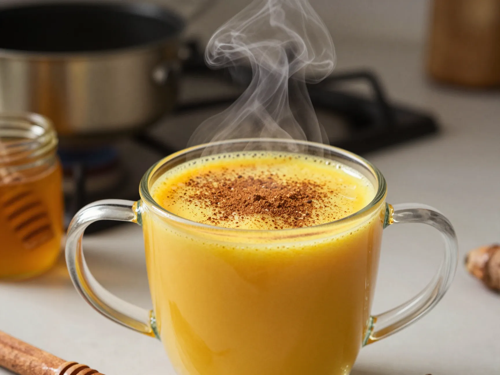 Golden turmeric honey latte in mug with cinnamon dusting steam
