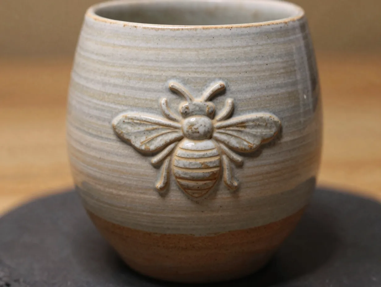 Handmade pottery stemless wine glass with bee motif