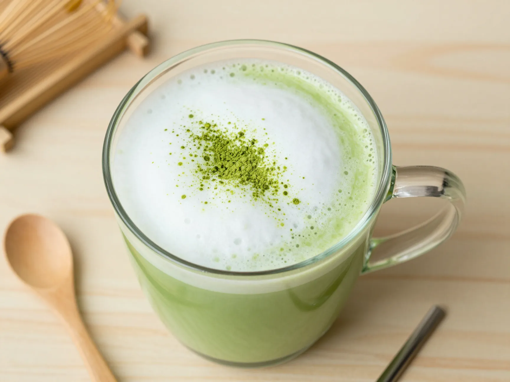 Matcha latte in clear cup with green milk