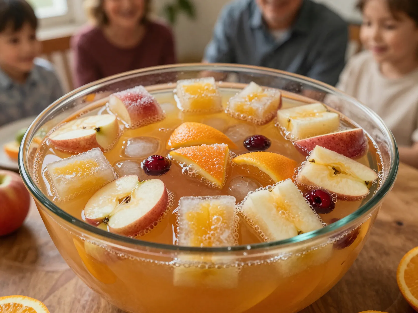 Non alcoholic family punch with frozen fruit juice cubes