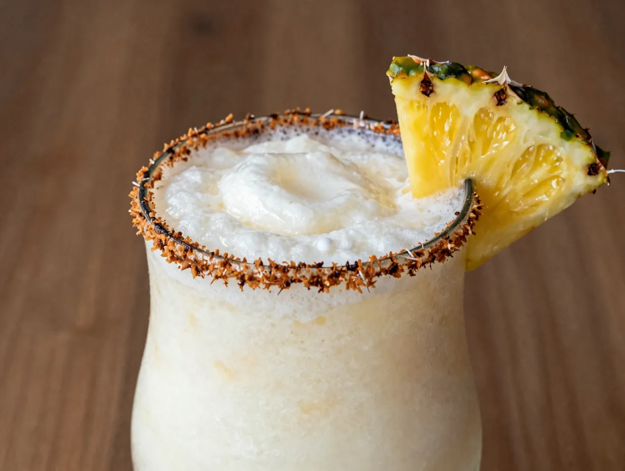Toasted coconut rim pina colada slush with pineapple wedge