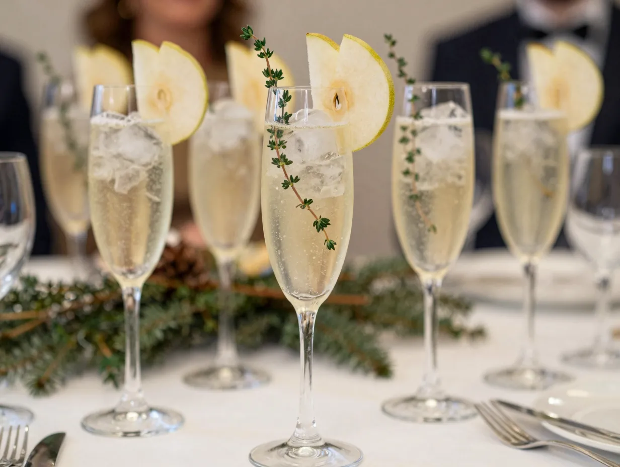 Elegant elderflower pear cooler in champagne flute pear garnish