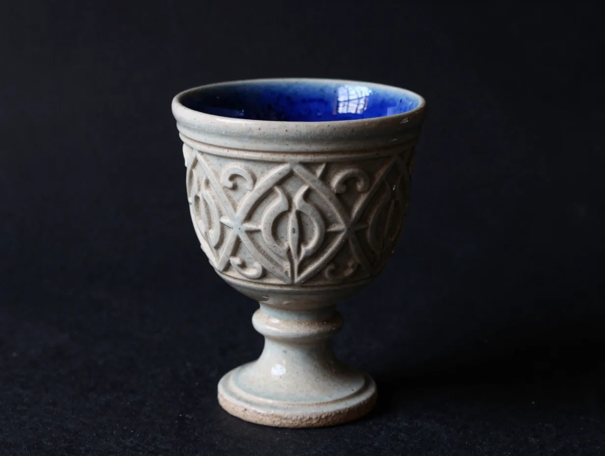 Milk fired carved ceramic goblet with deep blue interior
