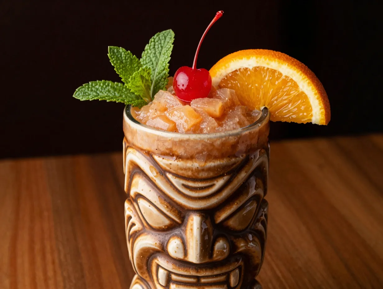 Ornate tiki glass mai tai slush with elaborate garnishes