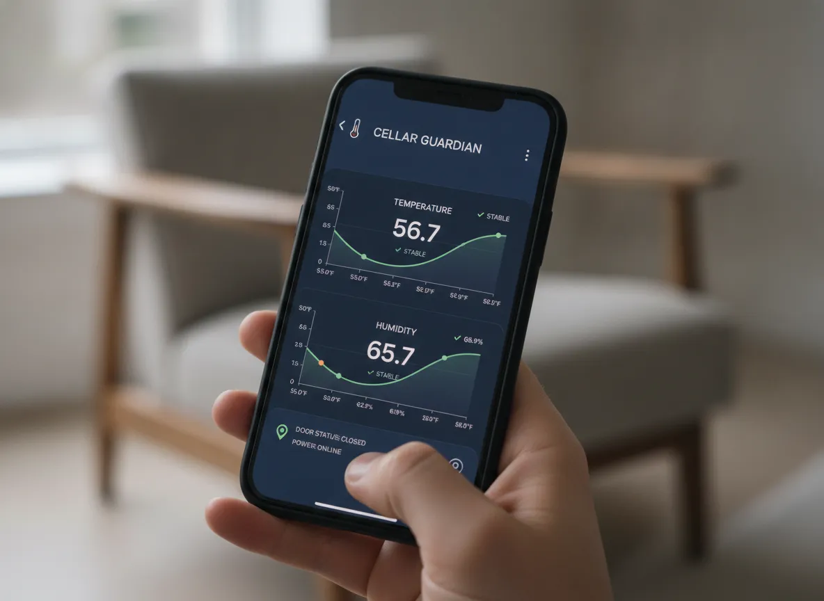 Smartphone app monitoring wine cellar temperature and humidity levels